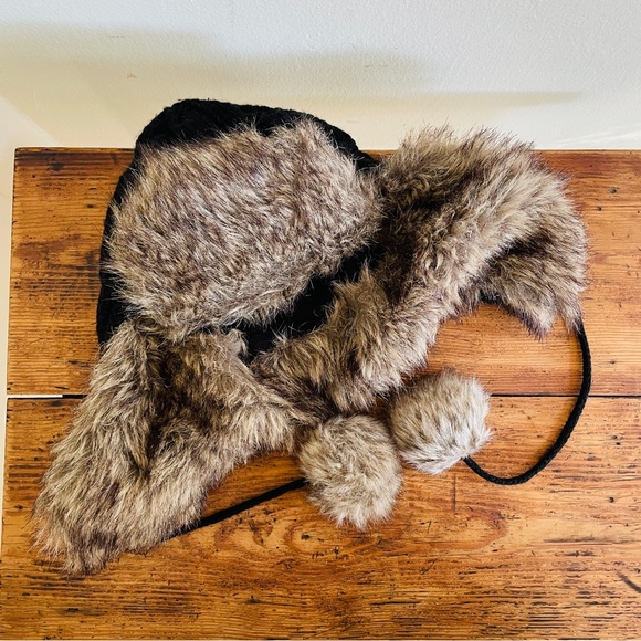 Faux Fur Black Cable Knit Trapper Hat with Pom Pom - Picture 2 of 6